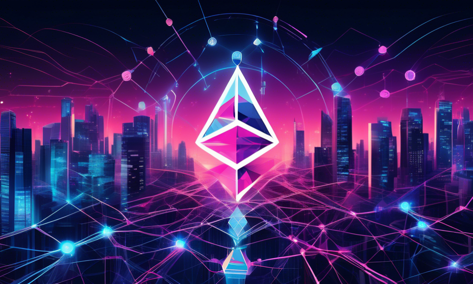 Create an image of a digital representation of Ethereum's logo intertwined with a downward-facing arrow symbolizing decreased transaction costs. Surrounding this central element, depict a vibrant and