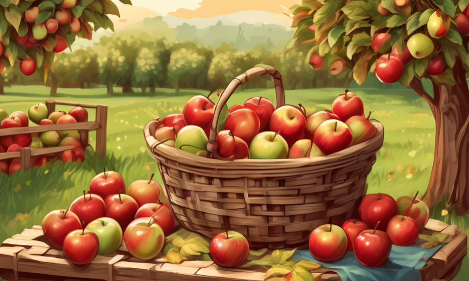 Create an illustration of a basket overflowing with diverse types of apples in an orchard setting. Each apple varies in color, including shades of red, green, and yellow, with dew drops glistening on