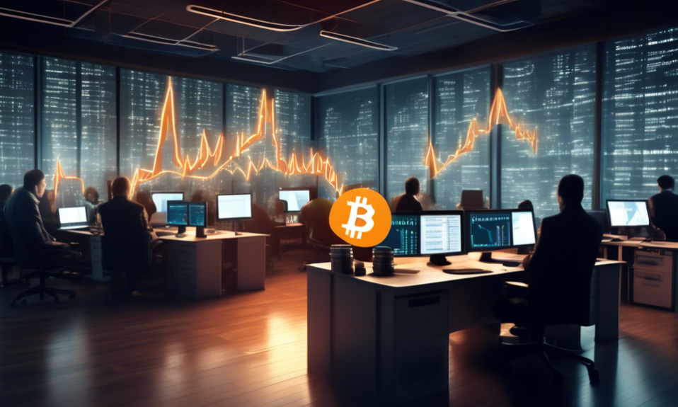 Generate an image that illustrates a dramatic, modern financial scene: a Bitcoin symbol with a steep downward graph line dipping below the $60K mark, superimposed over a bustling office environment fe