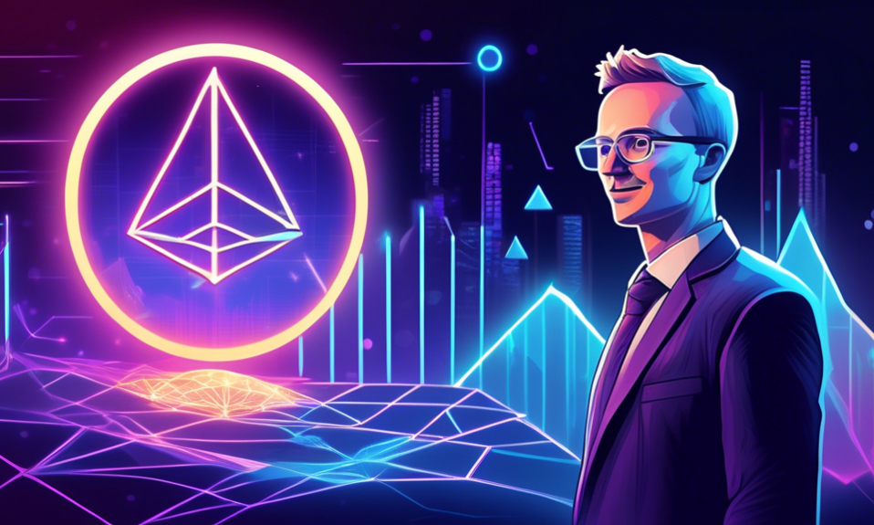Create a detailed illustration of a futuristic financial landscape with Matt Hougan, the CIO of Bitwise, standing confidently beside a glowing Ethereum (ETH) symbol. The background showcases thriving
