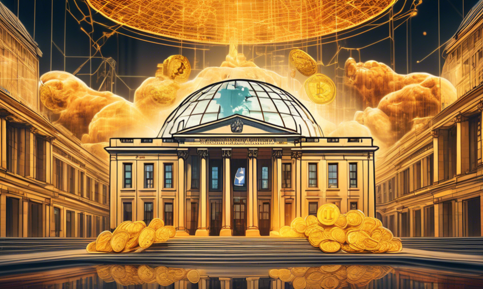 Create an image that depicts the German government symbolically involved in transferring Bitcoin. The image should show a digitally connected scene with elements of both traditional government and mod