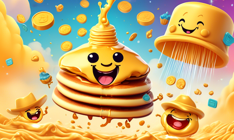 Create a digital illustration of PancakeSwap's mascot, a cheerful pancake with a syrup face and butter hat, flying through the sky and showering golden ZK tokens onto happy users below. Some users are