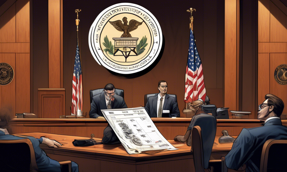 Create an image portraying a courtroom with a dramatic atmosphere, showcasing the Ripple (XRP) cryptocurrency logo on one side and the SEC (U.S. Securities and Exchange Commission) emblem on the other