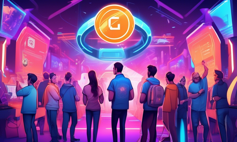Create an image of a vibrant gaming accelerator event hosted by Telegram and Helika Gaming, highlighting the announcement of a $50M investment. Include enthusiastic developers, high-tech displays show